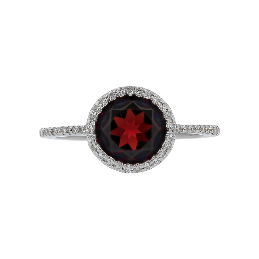 Round Garnet and 0.11ct Diamond Halo Ring in 18k White Gold