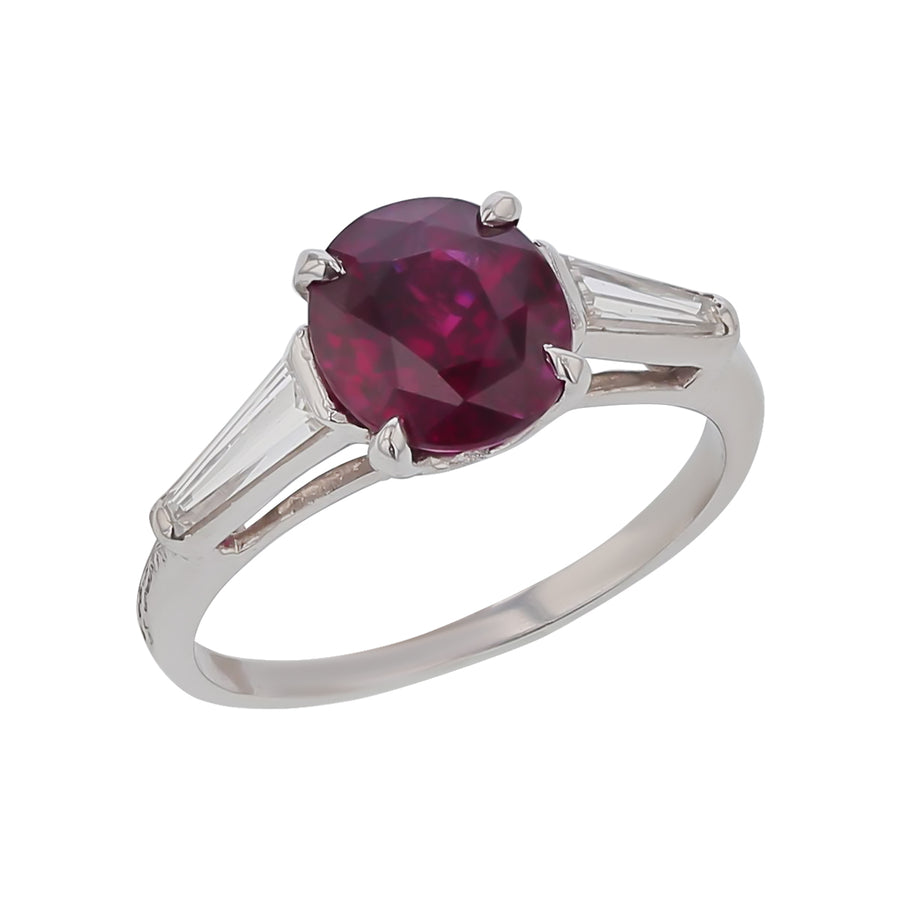 2.45ct Ruby and 0.55ct Diamond 3 Stone Ring in Platinum, Size 6.5