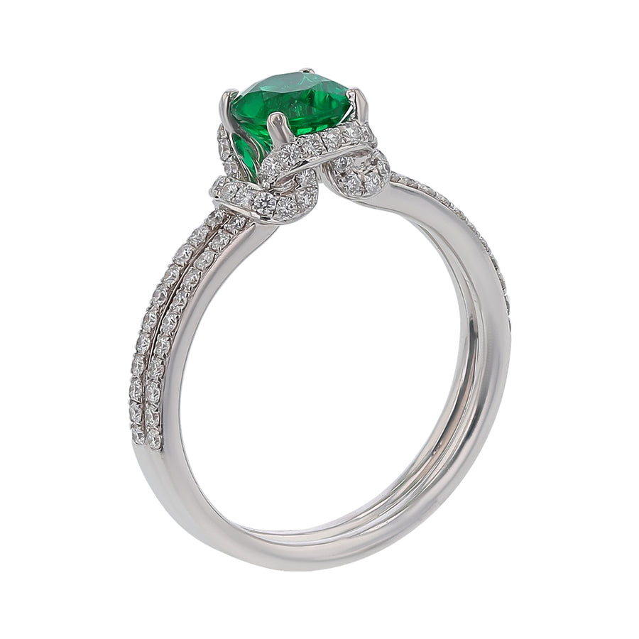 0.62ct Round Zambian Emerald 0.33-0.36ct Diamonds Ring in 18k White Gold Size 5.5