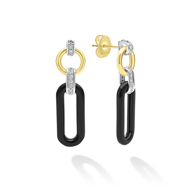 Caviar Black Ceramic and Diamond 32x9mm Oval Link Drop Earrings in Sterling Silver and 18K Yellow Gold