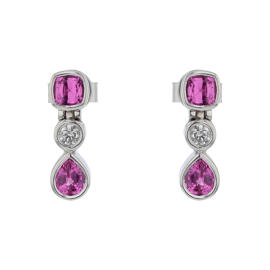 0.66ct Cushion Tanzanian Pink Spinels 0.19ct Round Diamonds and 0.69ct Tanzanian Pear Shaped Hot Pink Spinel Drop Earrings in 18k Palladium White Gold