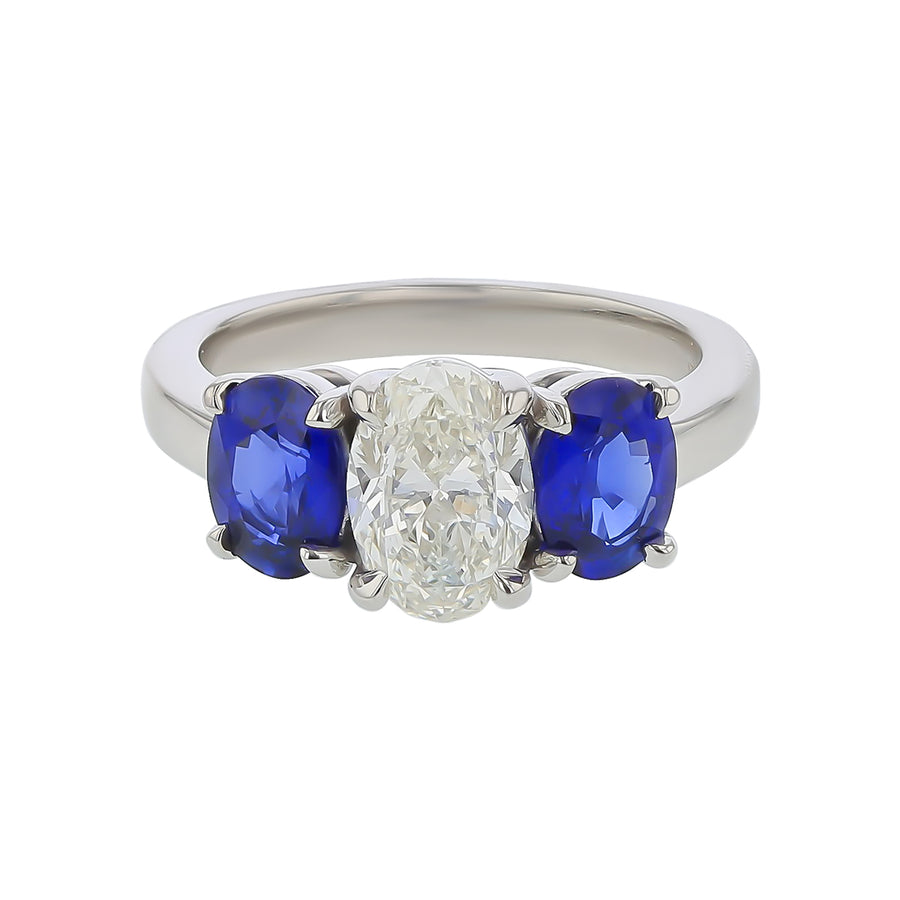 1.50ct Oval Diamond and 1.92ct Oval Sri Lankan Sapphires 3 Stone Ring in Platinum