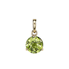 A 1.94ct round peridot pendant in a 3-prong setting, suspended from a gold chain.