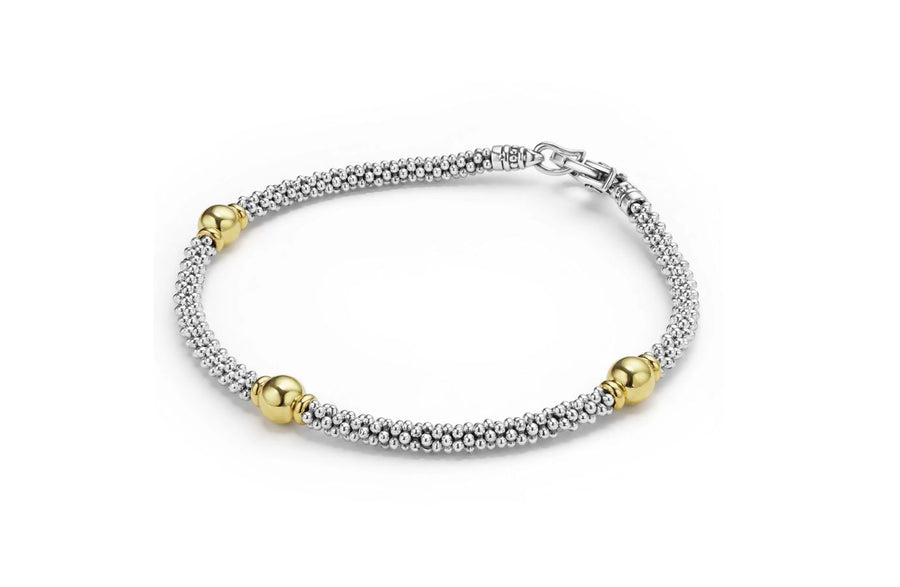 Signature Caviar 3 Circle Rope Bracelet Sterling Silver and 18k Yellow Gold, Size 7