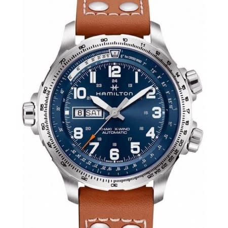 45mm Khaki Aviation X Wind Watch with Blue Dial in Stainless Steel, Brown Leather Dial