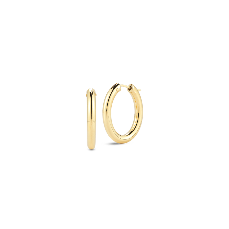 A pair of designer gold oval hoop earrings crafted from 18K yellow gold.
