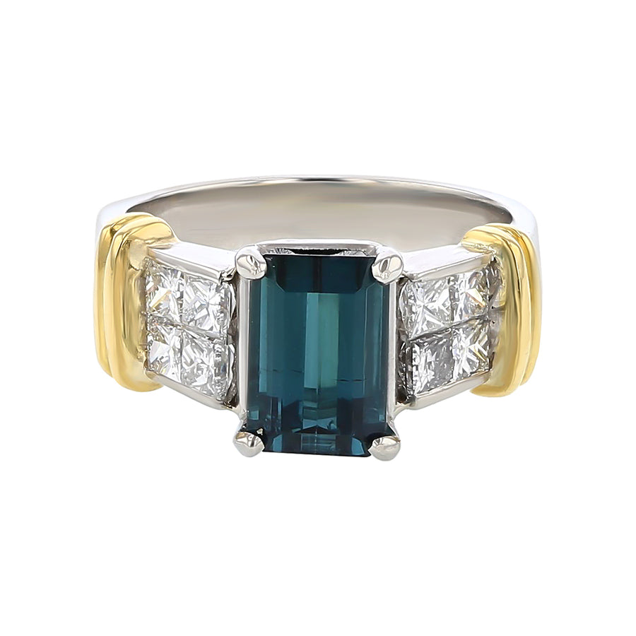 2.05ct Emerald Cut Brazilian Indicolite Tourmaline and 0.72ct Diamonds Ring in Platinum and 18k Yellow Gold, Size 6