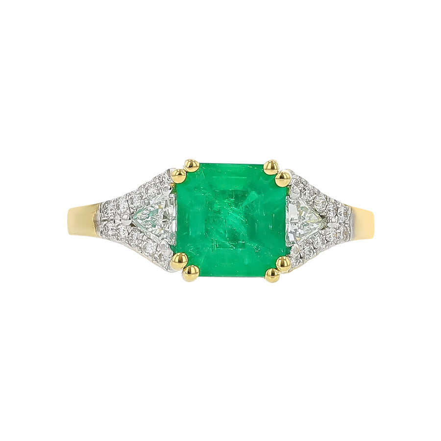 1.62ct Colombian Square Emerald and 0.41ct Trillion and Round Diamond Ring in 18K Yellow Gold, size 6.5