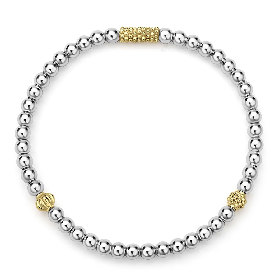 Caviar Icon 4mm Two-Tone Stretch Bracelet in Sterling Silver and 18K Yellow Gold, size medium