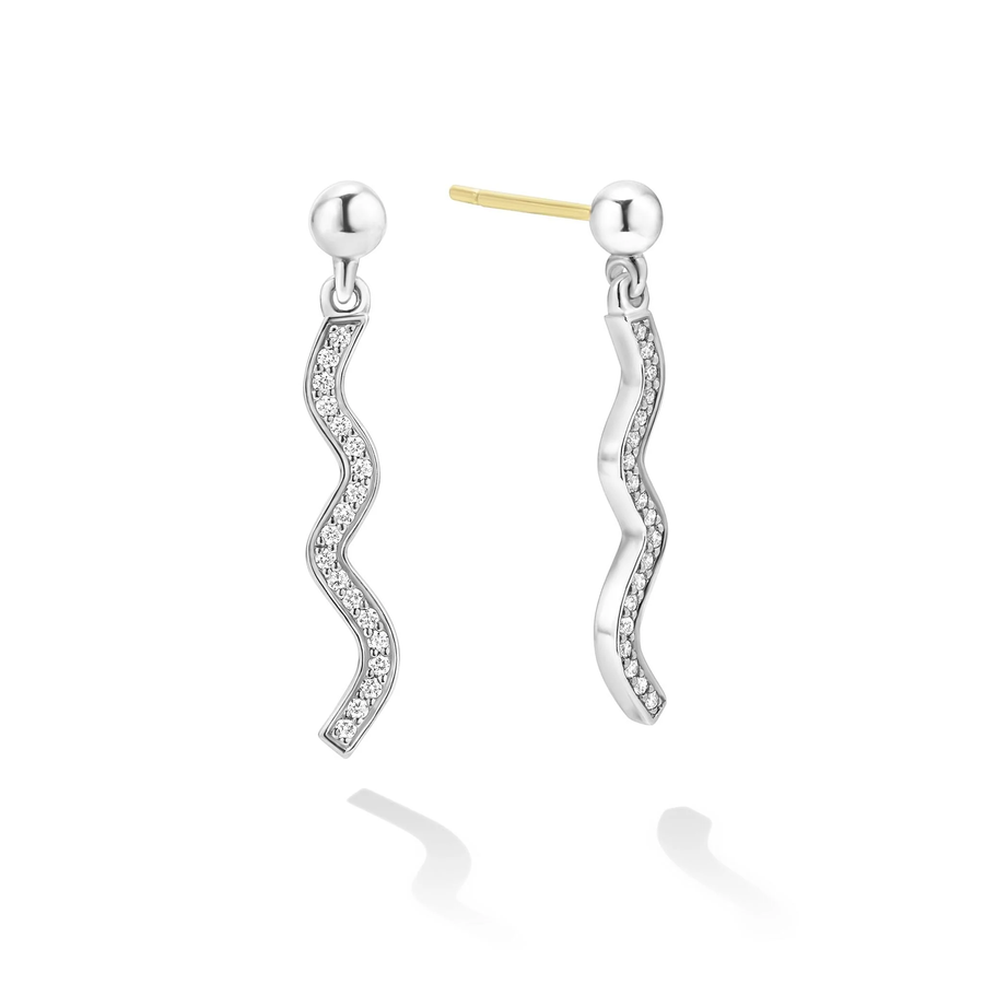 A pair of sterling silver wave drop earrings with diamond accents.