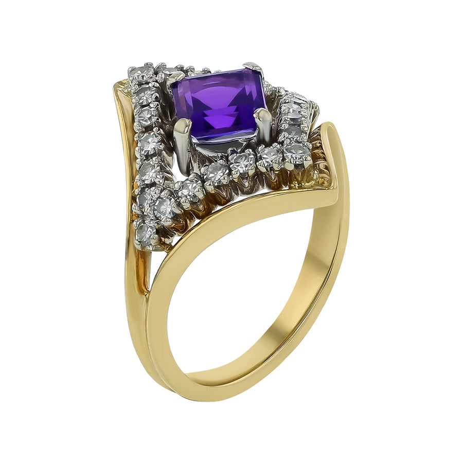 0.77ct Square Amethyst and 0.38ct Round Diamond Halo RIng in 14K Yellow and White Gold, size 5.75