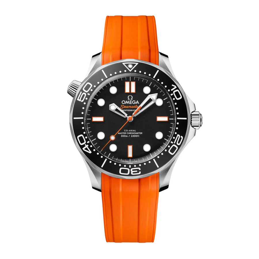 42mm Seamaster Diver 300M Watch with Black Dial in Stainless Steel, Orange Rubber Strap