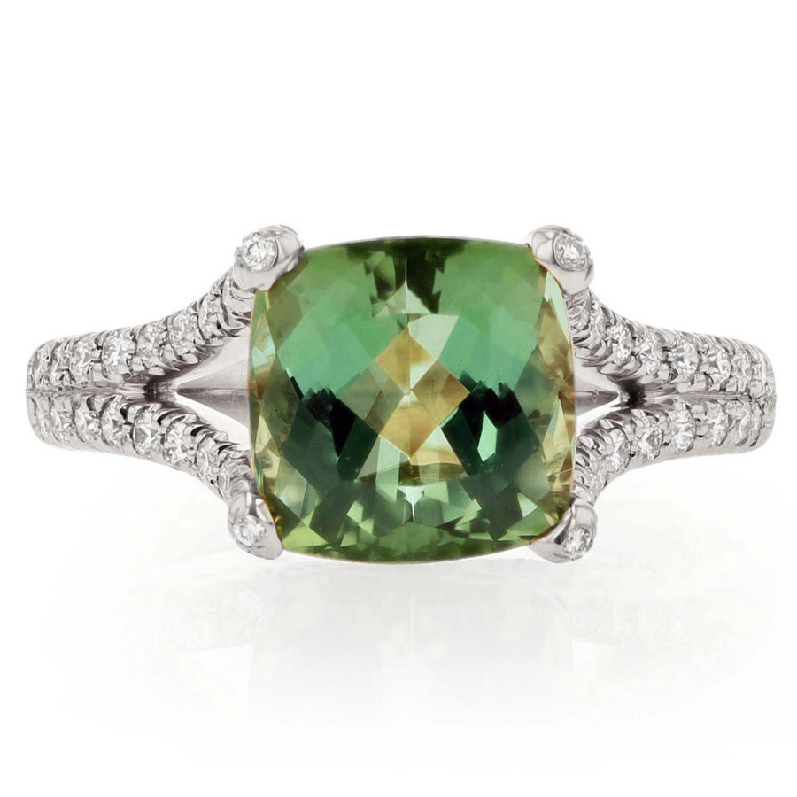 3.81ct Cushion Green Tourmaline and 0.52ct Diamond Ring in 18K White Gold, Size 6.25