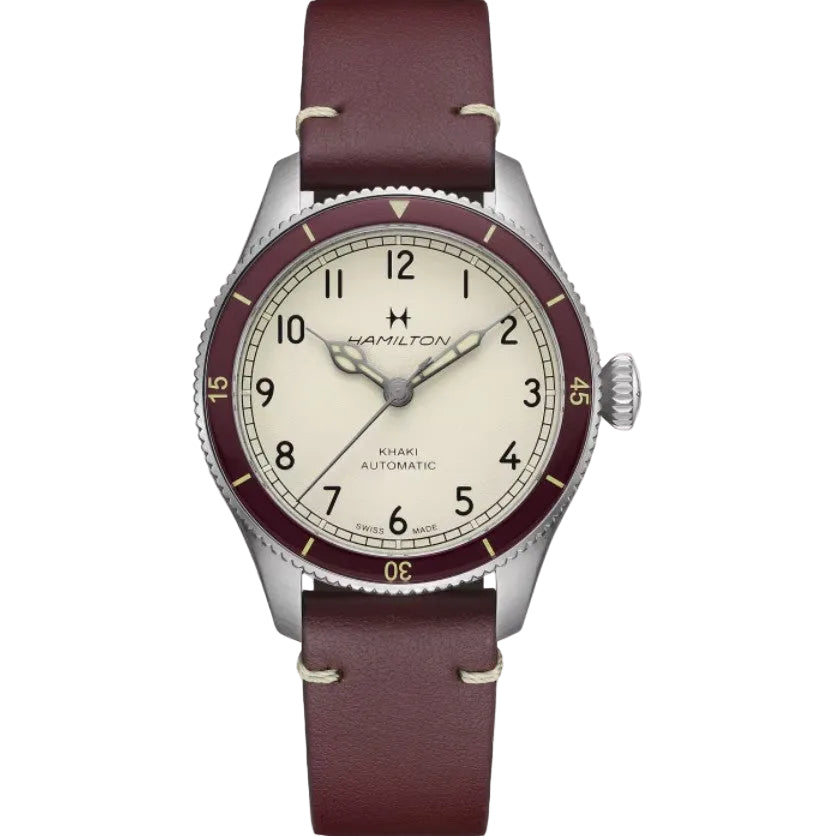 38mm Khaki Aviation Pilot Automatic Watch with White Dial in Stainless Steel, Strap