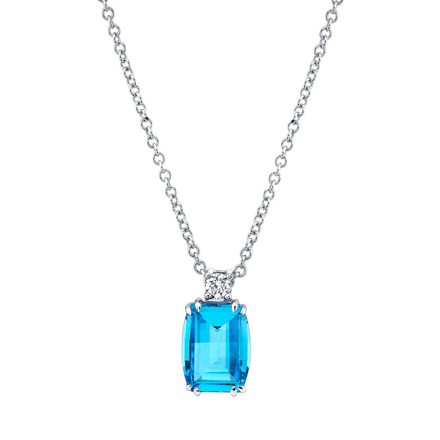 Blue Topaz and Diamond Pendant on Chain in 14K White Gold, 18" chain