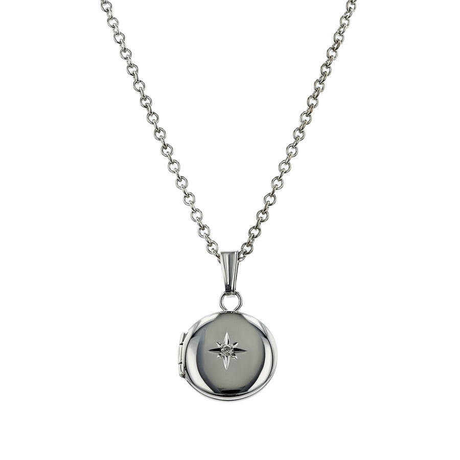 STERLING SILVER DIAMOND 10MM ROUND LOCKET WITH 13" CABLE CHAIN