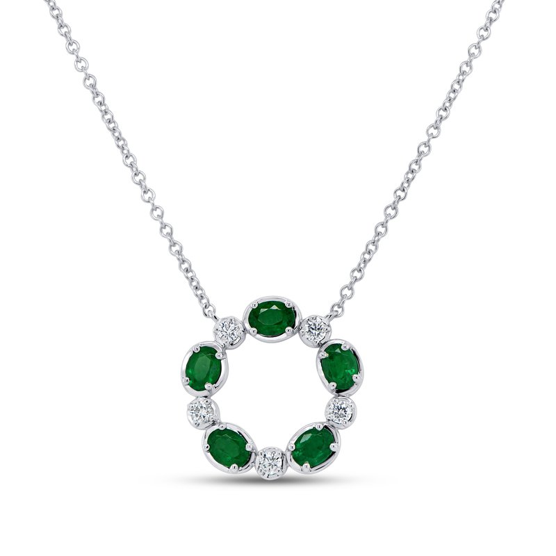5 0.16ct Round Diamonds and 5 0.77ct Oval Emerald 16-18" Necklace in 18K White Gold