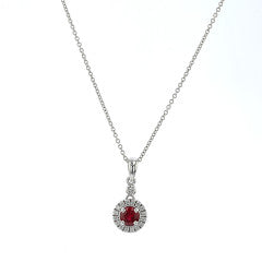 0.75ct Round Mozambique Ruby and 0.17ct Full Cut Diamonds Halo Pendant in 14K White Gold on 18" Chain