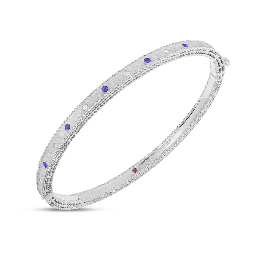 Princess Sapphire and 0.08ct Diamond Bangle Bracelet in 18K White Gold