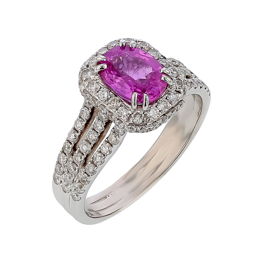 1.92ct Oval Pink Sapphire and 1.30ct Diamond Halo Ring in 14K White Gold, size 8.25