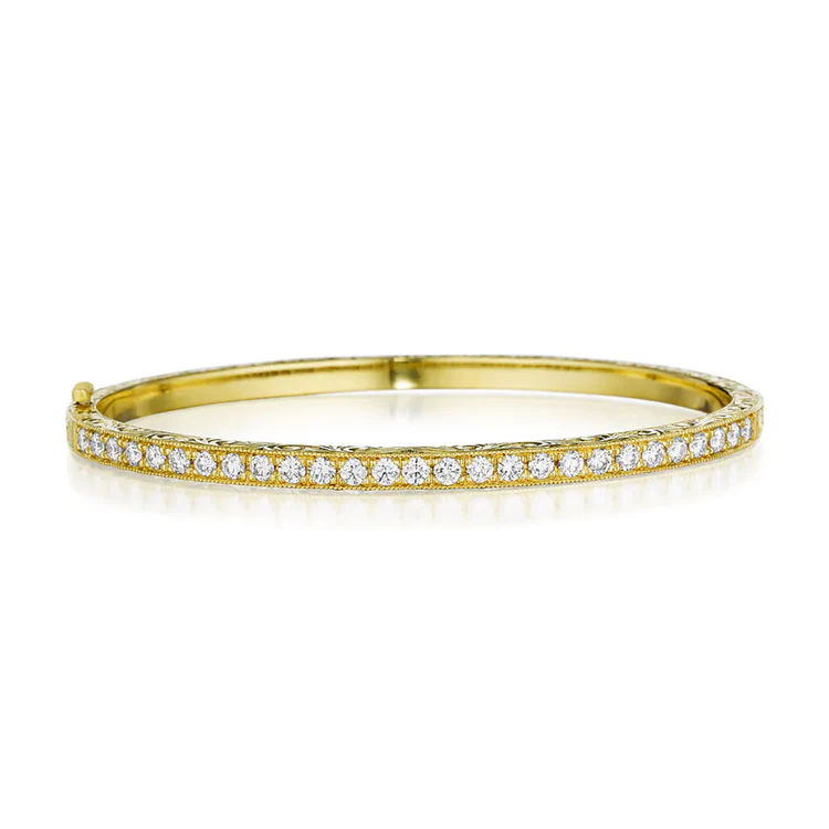 Classic 1.35ct Diamond Pave Engraved Bangle Bracelet in 18K Yellow Gold
