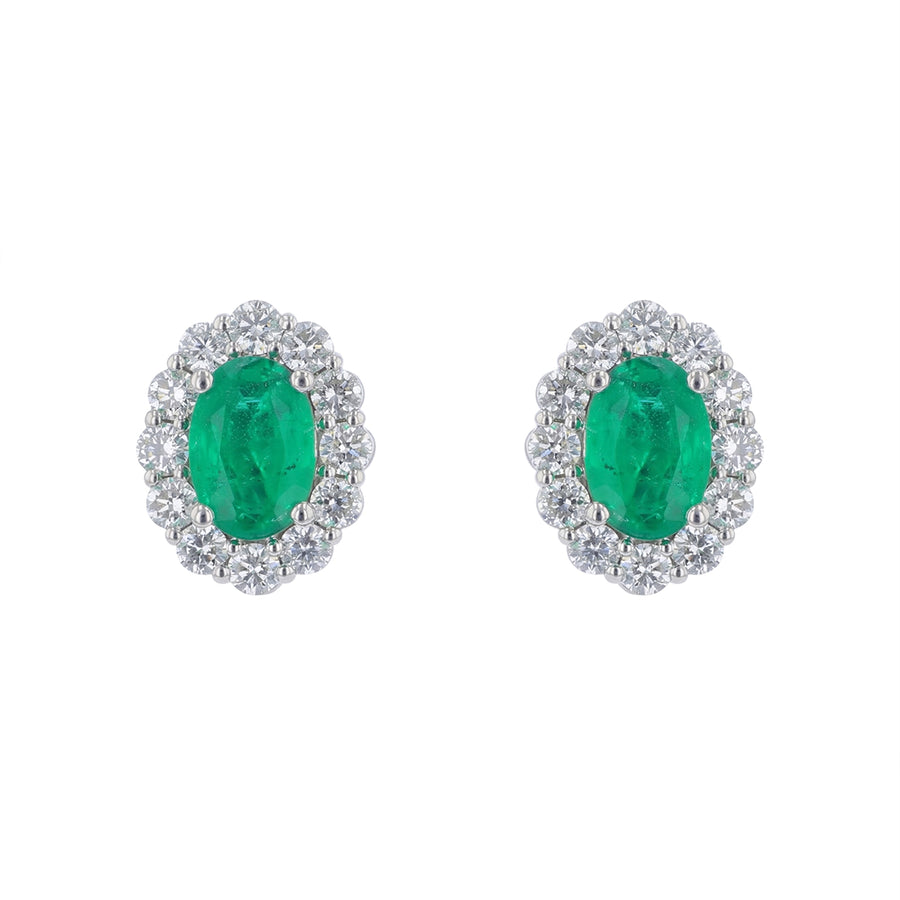Precious 0.87ct Oval Emerald and 0.49ct Diamond Halo Stud Earrings in 14K White Gold