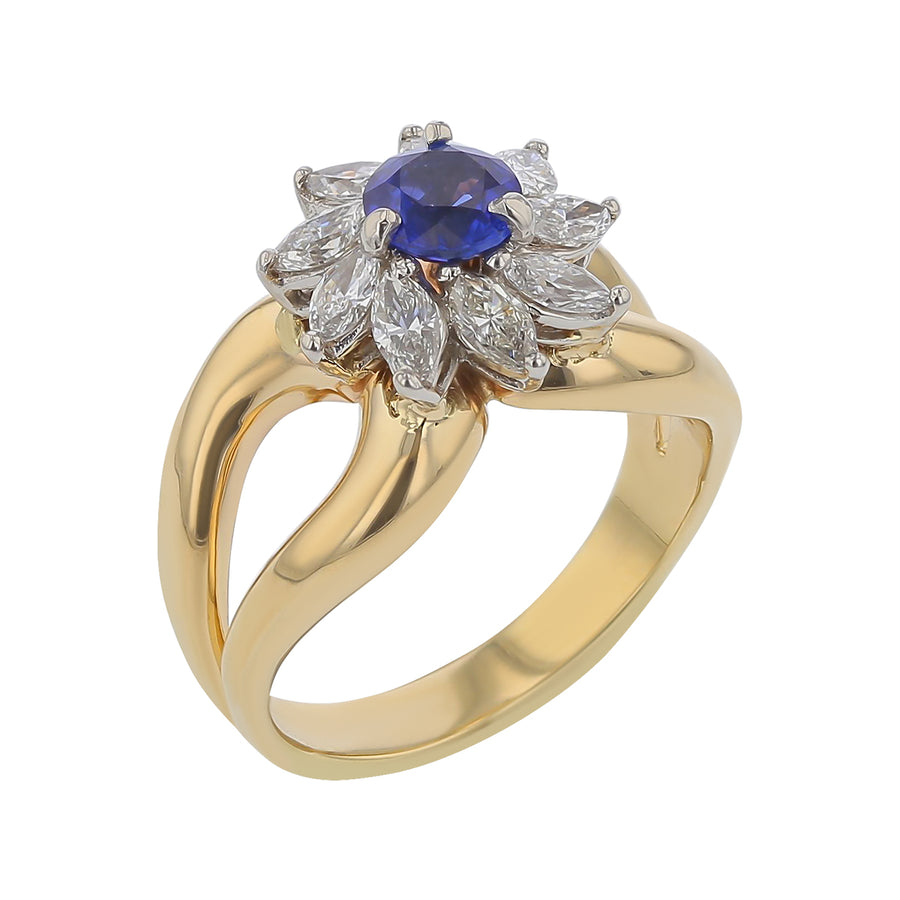 0.69ct Round Ceylon Sapphire and 0.63ct Marquise Diamonds Halo Ring in Platinum and 14k Yellow Gold, Size 6