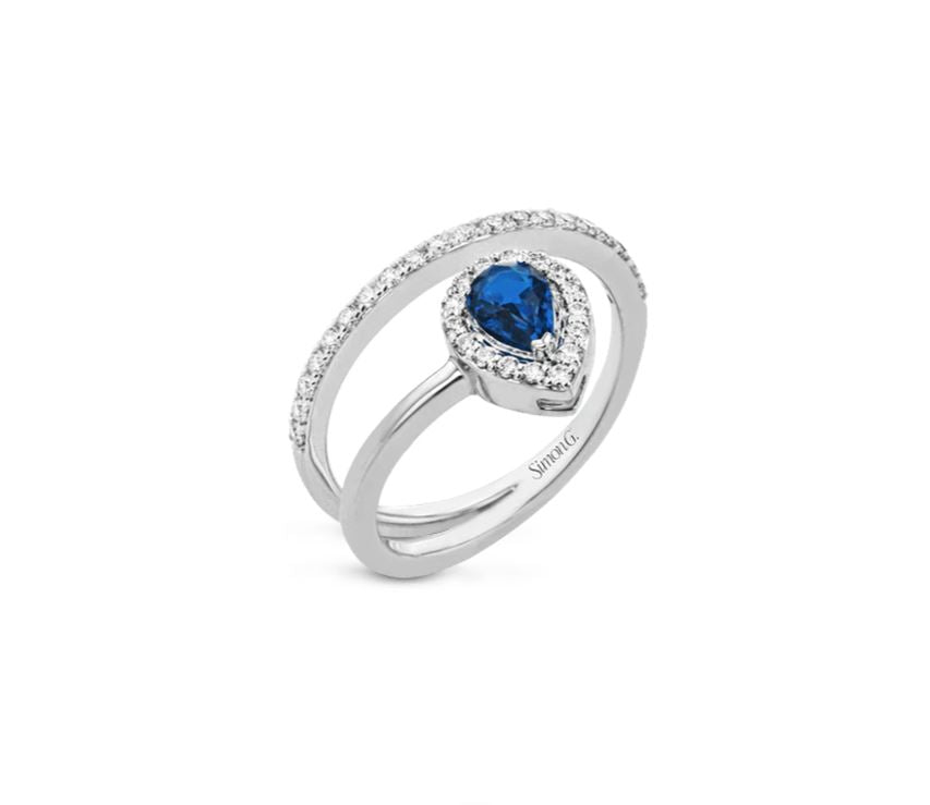 Pear Sapphire and Round Diamond Ring in 18K White Gold, Size 6.25