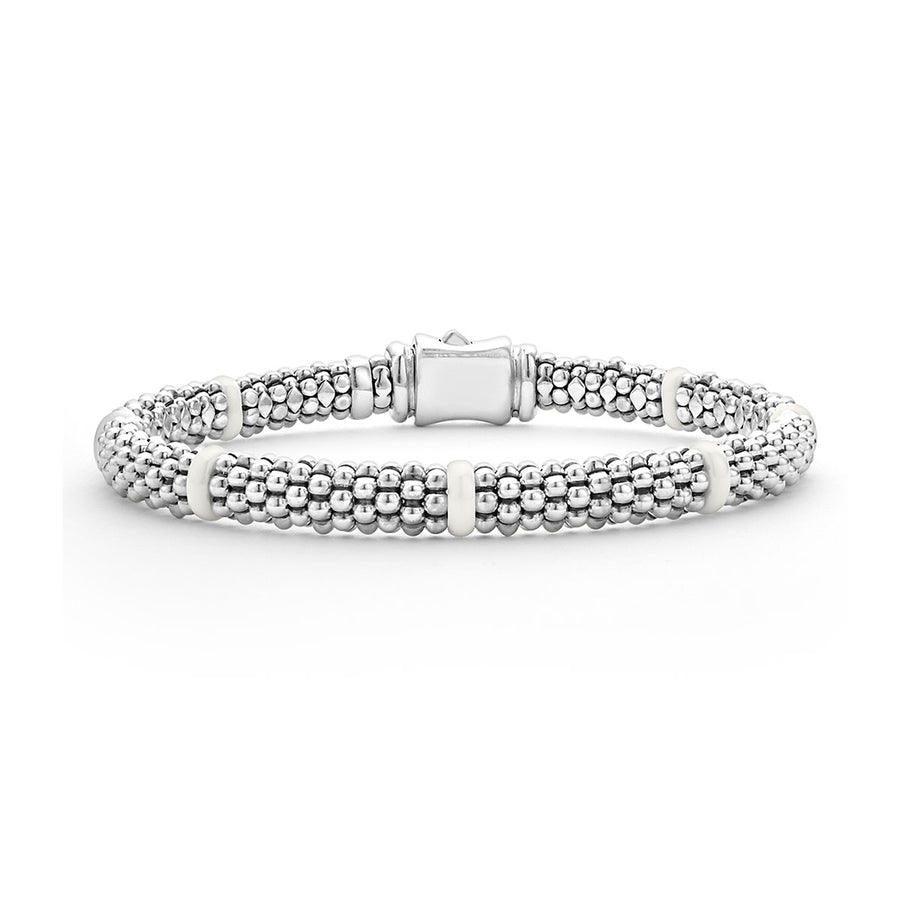 White Caviar 6mm 7 Station Beaded Rope Bracelet in Sterling Silver and Ceramic size 7