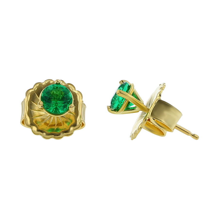 18K YELLOW GOLD 2 4.5MM ROUND GREEN EMERALDS=0.55-0.75CT 3 PRONG EARSTUDS