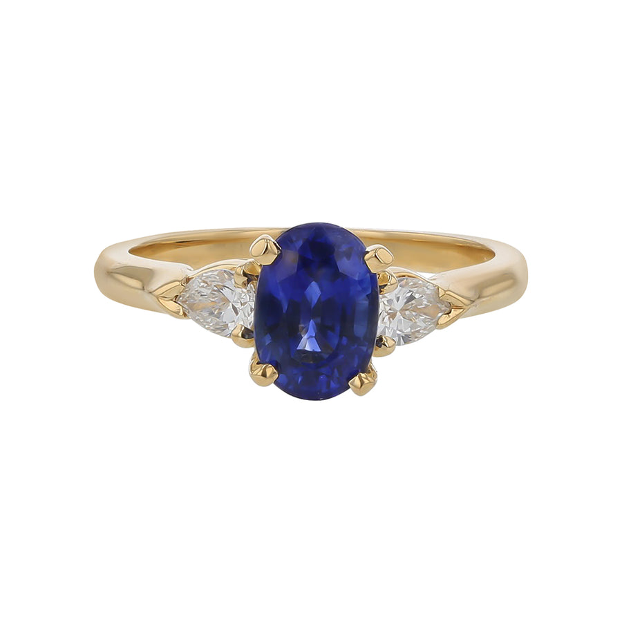 1.51ct Oval Sri Lankan Sapphire and 0.31ct Pear Shaped Diamond 3 Stone Ring in 18k Yellow Gold Size 6