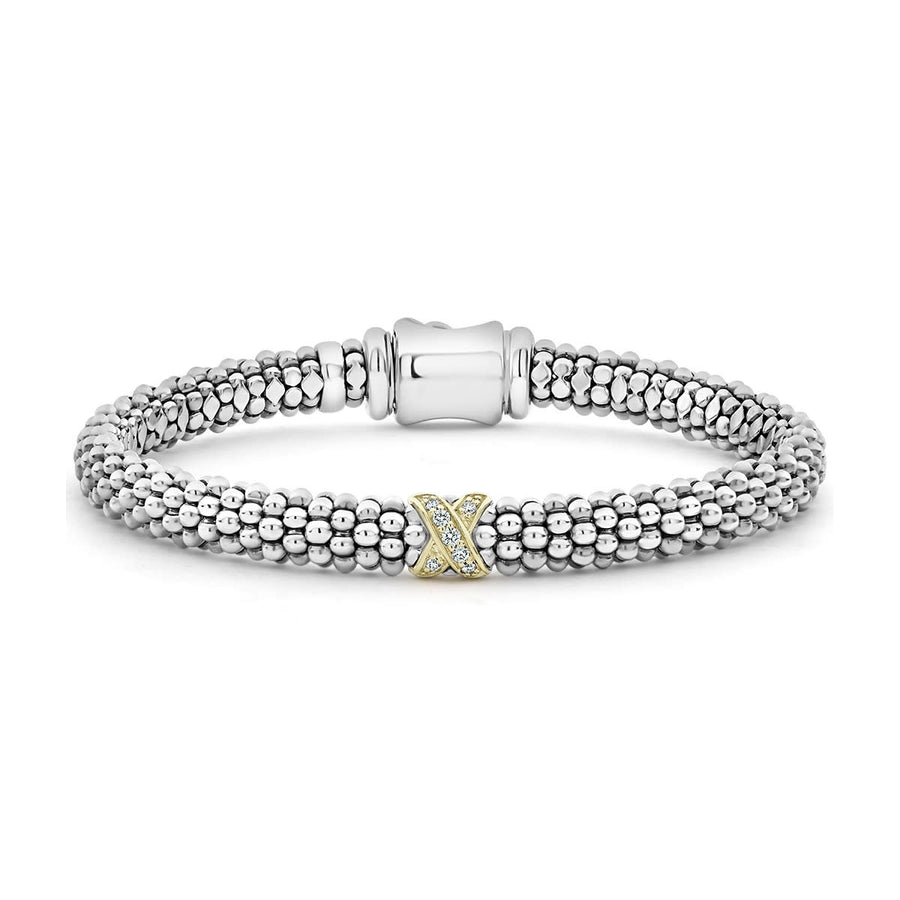 Embrace 0.06ct Diamond Single X Station Bracelet in Sterling Silver Caviar and 18K Yellow Gold, size 6.5