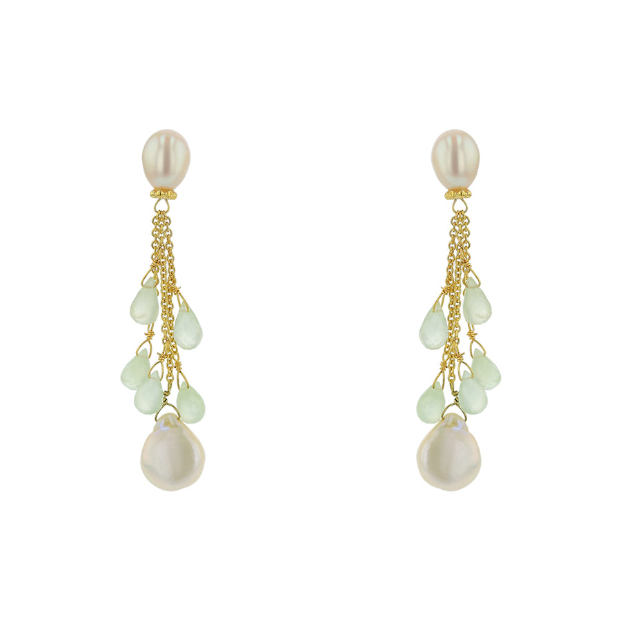 Mazza Fresh Water Pearl and Briolette Chalcedony Drop Earrings in 14K Yellow Gold