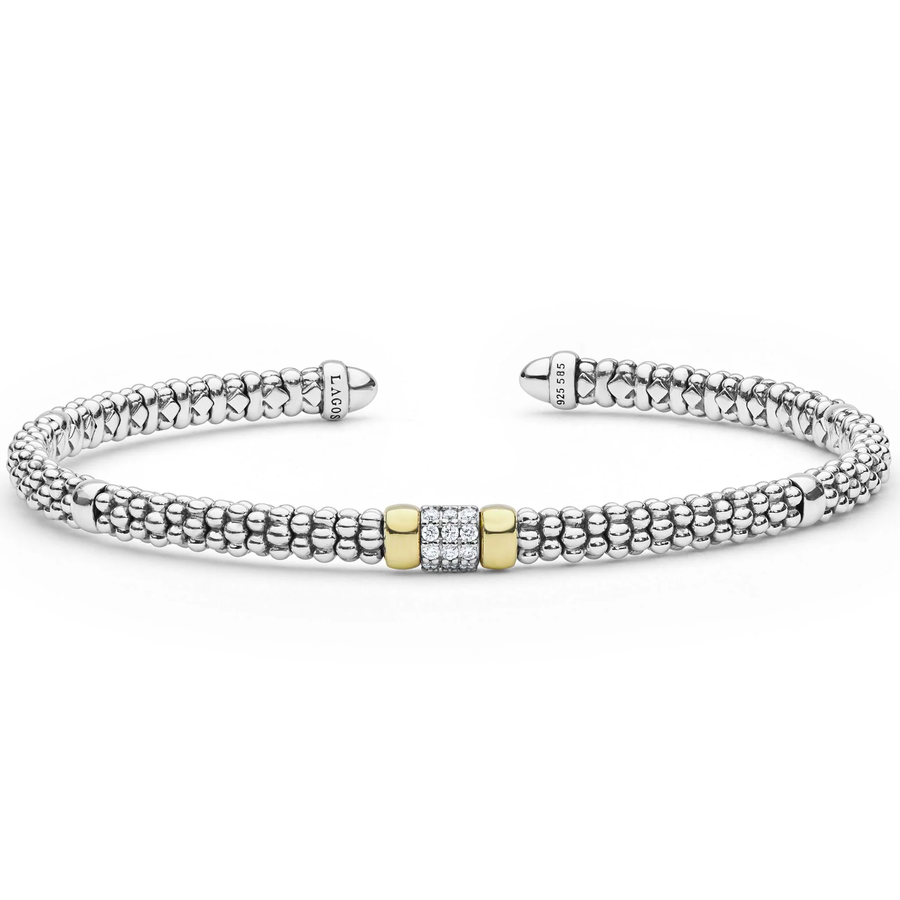 Signature Caviar 0.07ct Diamond Cuff Bracelet in 14K Yellow Gold and Sterling Silver, size medium