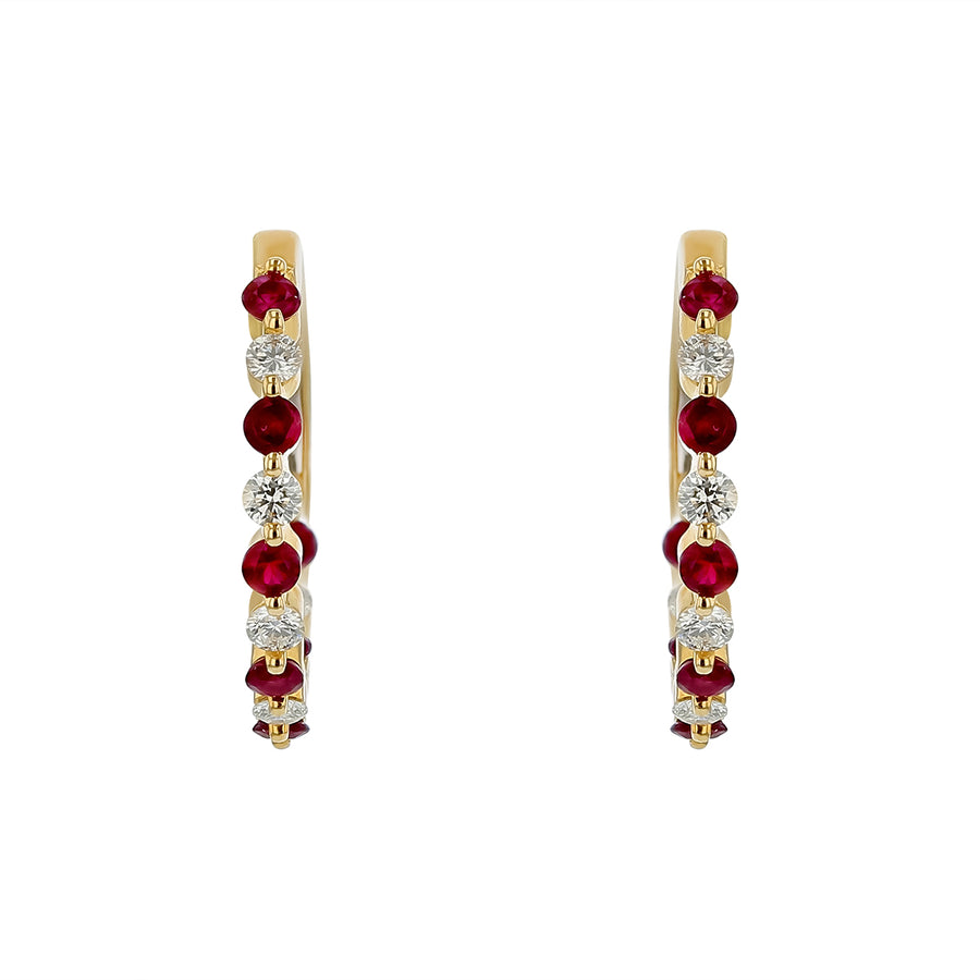 0.75ct Ruby and 0.50ct Diamond Alternating Hoop Earrings in 14K Yellow Gold