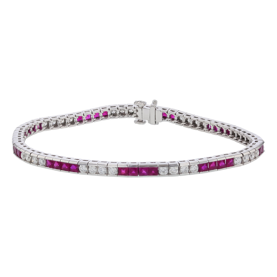 3.64ct French Cut Ruby and 1.63ct Full Cut Diamond Straight Line Bracelet in Platinum