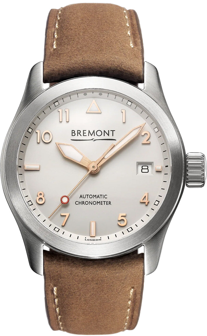 37mm Bremont Solo-37 Watch with Silver Dial in Stainless Steel, Leather Strap