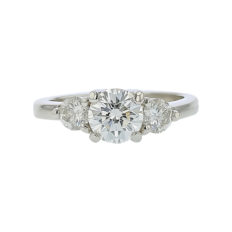 1.00ct Round Brilliant Diamond and 0.42ct Diamond 3 Stone Ring in Platinum, size 5.25