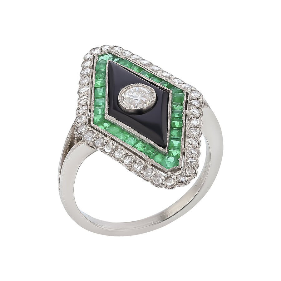1.07ct OEC Emerald, 0.34ct Diamond and 0.33ct Black Onyx Ring in Platinum, size 6