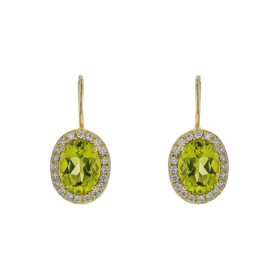 3.76ct Oval Peridot and 0.28ct Diamond Halo Drop Earrings in 18K Yellow Gold