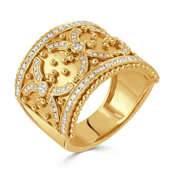 An 18k yellow gold Byzantine ring with a 0.44 carat diamond in the center, featuring a milgrain edge and an oval pattern, adorned with smaller diamonds on the band.