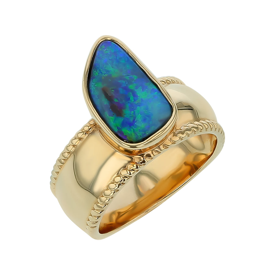 Australian Boulder Opal Milgrain Edge Ring in 14K Yellow Gold, size 7