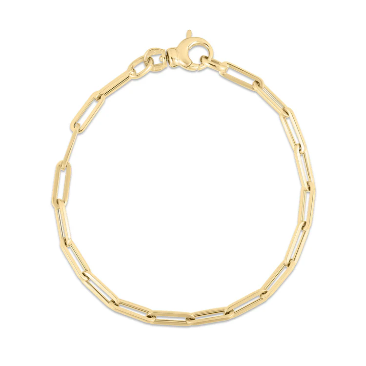 Designer Gold Long Paperclip Link Bracelet in 18K Yellow Gold, 7"