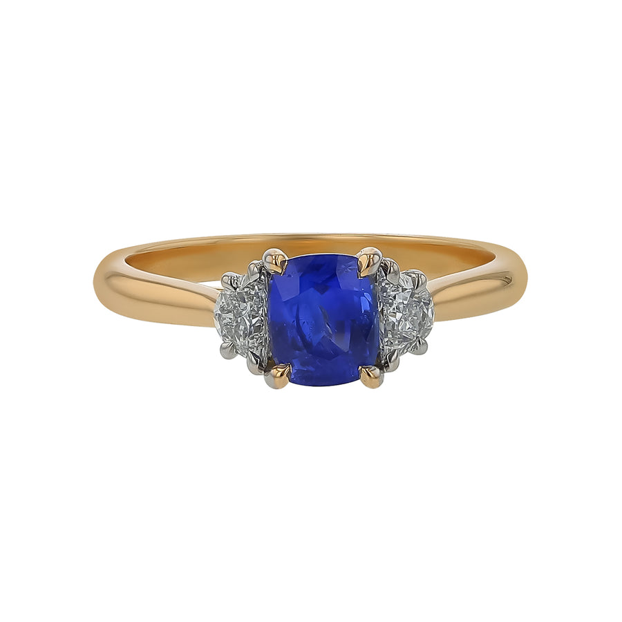 0.94ct Cushion Ceylon Sapphire and 0.30ct Diamond 3 Stone Ring in 18K Yellow Gold, size 6.75