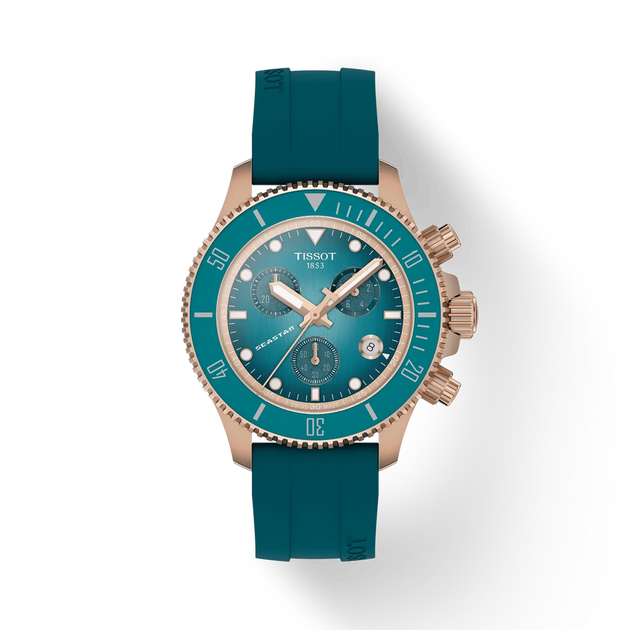 38mm Seastar 1000 Quartz Chronograph Watch with Turquoise Dial in Stainless Steel with Rose Gold PVD, Strap