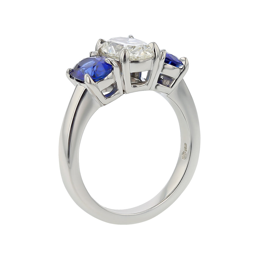 1.50ct Oval Diamond and 1.92ct Oval Sri Lankan Sapphires 3 Stone Ring in Platinum