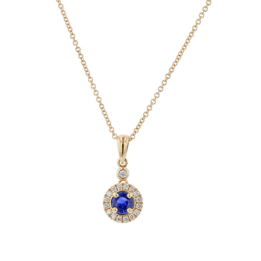 0.57ct 5mm Round Sapphire and 0.14ct Full Cut Diamonds Halo Pendant in 14K Yellow Gold on 18" chain