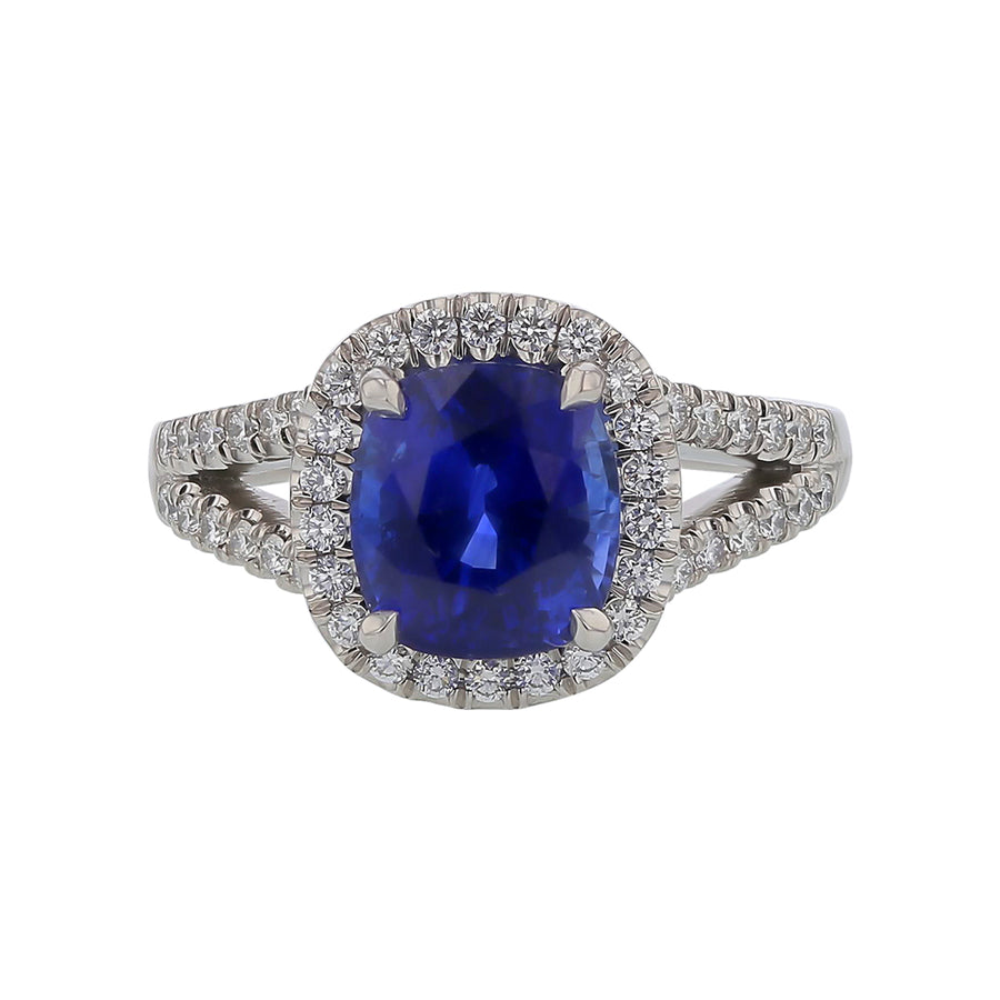 3.22ct Ceylon Cushion  Sapphire 0.43ct Full Cut Diamonds Halo Ring in Platinum, Size 6.5