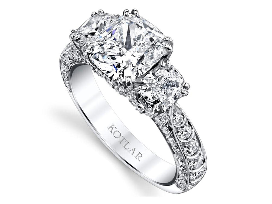 1.53ct Cushion Cut Diamond, 1.04ct Kotlar Cushion Diamond and 0.66ct Round Diamond Ring in Platinum, size 5.75