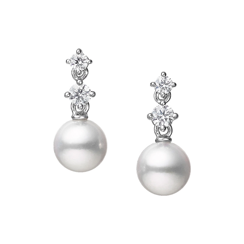 Morning Dew A+ Akoya 6mm Pearls and 0.14ct Diamond Drop Earrings in 18K White Gold
